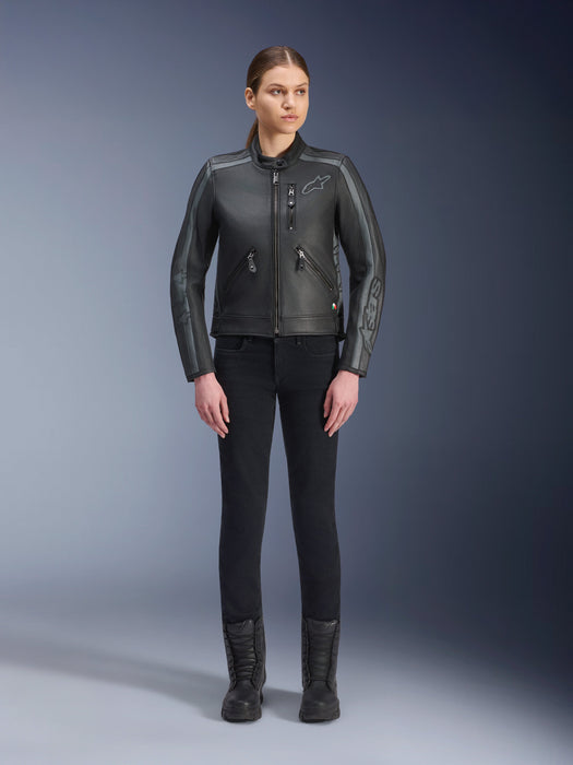 ALPINESTARS STELLA DYNO WOMEN’S LEATHER JACKETS 2025 in Black/Tar Gray/Dark Gray