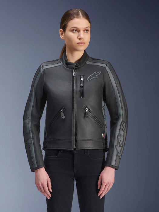 ALPINESTARS STELLA DYNO WOMEN’S LEATHER JACKETS 2025 in Black/Tar Gray/Dark Gray