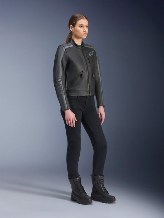 ALPINESTARS STELLA DYNO WOMEN’S LEATHER JACKETS 2025 in Black/Tar Gray/Dark Gray