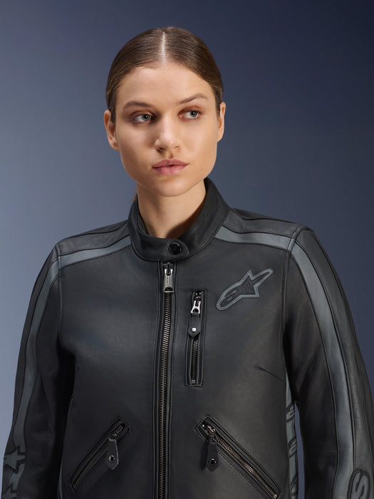 ALPINESTARS STELLA DYNO WOMEN’S LEATHER JACKETS 2025 in Black/Tar Gray/Dark Gray