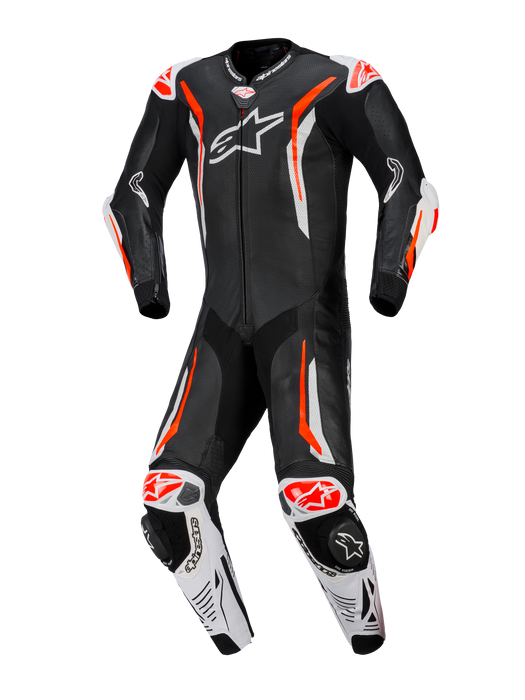 ALPINESTARS GP TECH v5 ONE-PIECE LEATHER SUITS in Black/White/Fluo Red