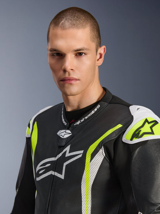 ALPINESTARS GP TECH v5 ONE-PIECE LEATHER SUITS in Black/White/Fluo Yellow