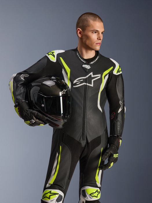 ALPINESTARS GP TECH v5 ONE-PIECE LEATHER SUITS in Black/White/Fluo Yellow