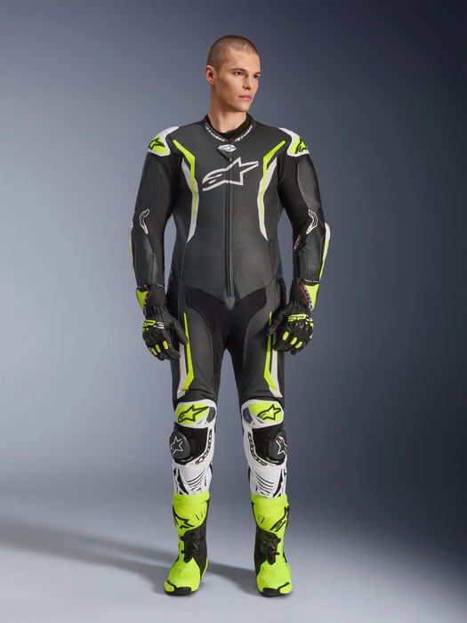 ALPINESTARS GP TECH v5 ONE-PIECE LEATHER SUITS in Black/White/Fluo Yellow