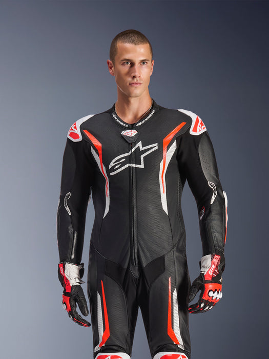 ALPINESTARS GP TECH v5 ONE-PIECE LEATHER SUITS in Black/White/Fluo Red
