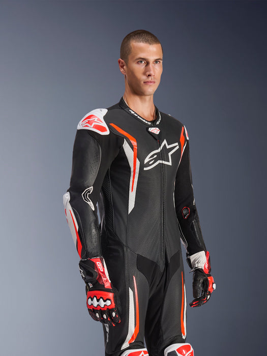 ALPINESTARS GP TECH v5 ONE-PIECE LEATHER SUITS in Black/White/Fluo Red