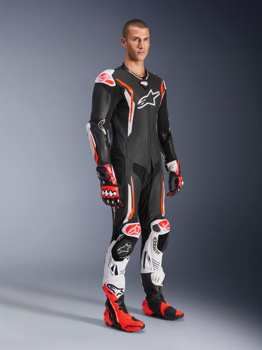 ALPINESTARS GP TECH v5 ONE-PIECE LEATHER SUITS in Black/White/Fluo Red