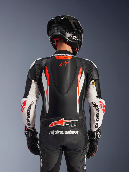 ALPINESTARS GP TECH v5 ONE-PIECE LEATHER SUITS in Black/White/Fluo Red