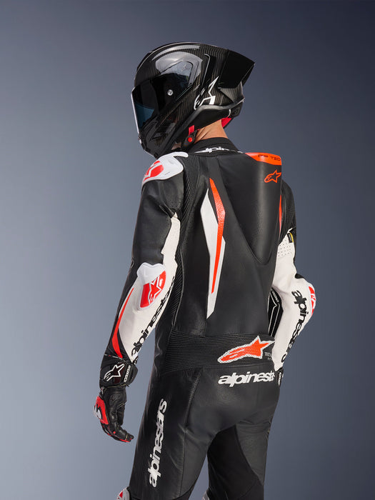 ALPINESTARS GP TECH v5 ONE-PIECE LEATHER SUITS in Black/White/Fluo Red