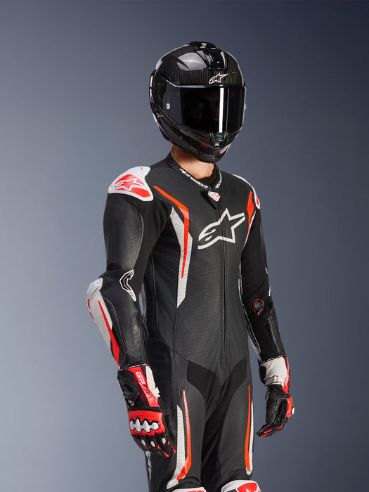 ALPINESTARS GP TECH v5 ONE-PIECE LEATHER SUITS in Black/White/Fluo Red