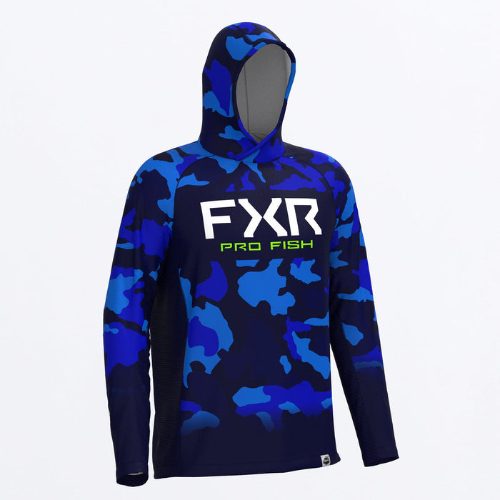 FXR DERBY CAMO AIR UPF PULLOVER HOODIE 2025 in Blue Camo/Lime