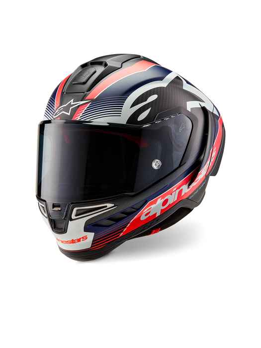 ALPINESTARS SUPERTECH R10 TEAM HELMET 2025 IN BLACK/ CARBON FLUO RED/ BLUE MATTE