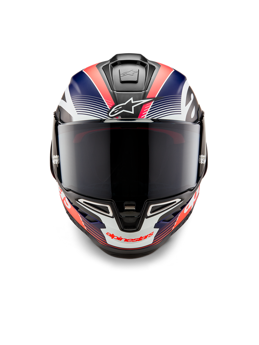 ALPINESTARS SUPERTECH R10 TEAM HELMET 2025 IN BLACK/ CARBON FLUO RED/ BLUE MATTE