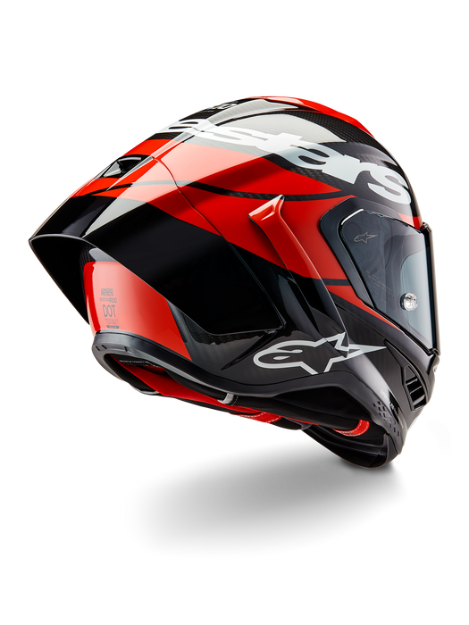ALPINESTARS SUPERTECH R10 ELEMENT HELMET 2025 IN BLACK/ CARBON BRIGHT RED/ WHITE GLOSSY