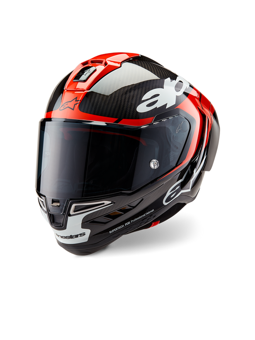 ALPINESTARS SUPERTECH R10 ELEMENT HELMET 2025 IN BLACK/ CARBON BRIGHT RED/ WHITE GLOSSY