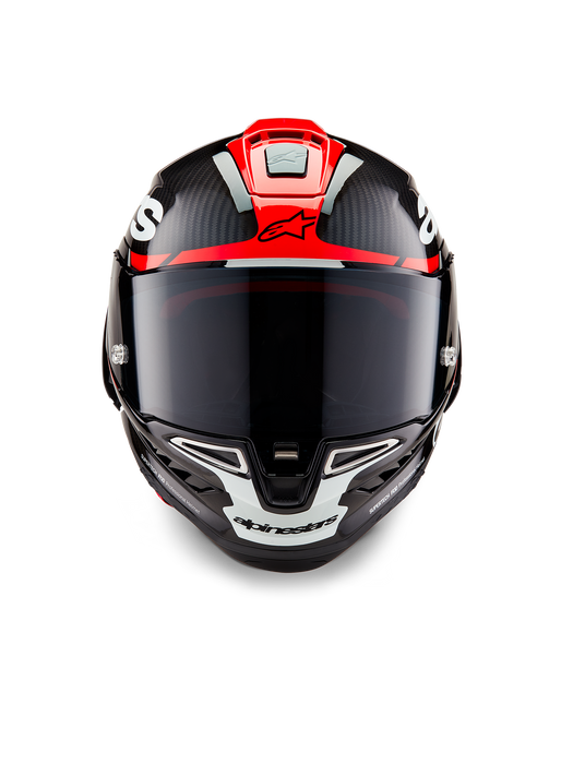 ALPINESTARS SUPERTECH R10 ELEMENT HELMET 2025 IN BLACK/ CARBON BRIGHT RED/ WHITE GLOSSY