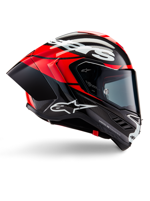 ALPINESTARS SUPERTECH R10 ELEMENT HELMET 2025 IN BLACK/ CARBON BRIGHT RED/ WHITE GLOSSY