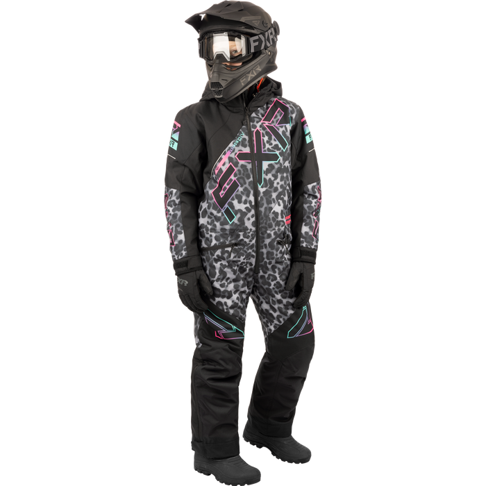 FXR CX Child Monosuit in Black Cheetah / Mint E-Pink