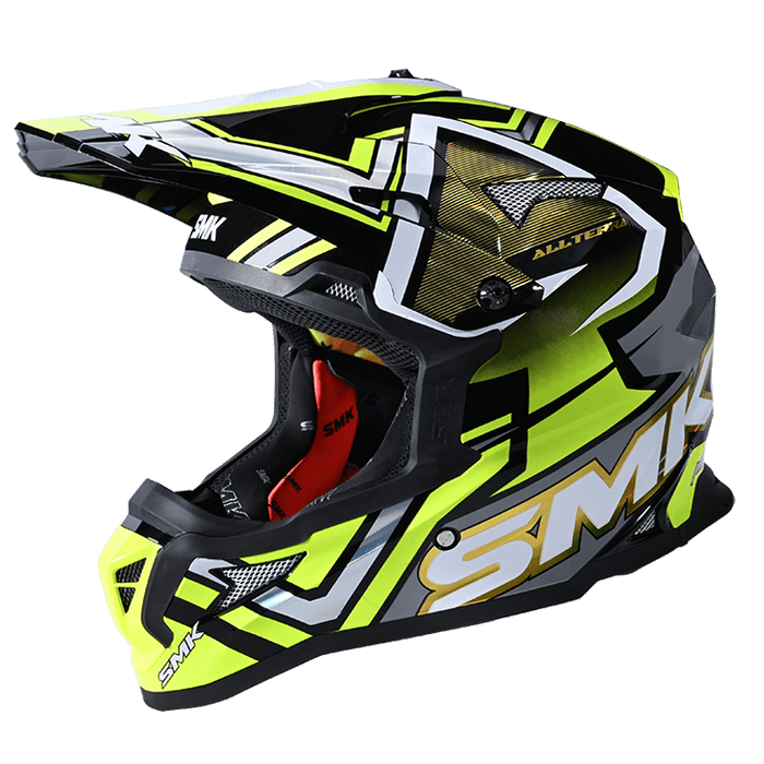 SMK Allterra X-Aces Helmet 2025 in Black/Grey/Yellow with chrome accents)