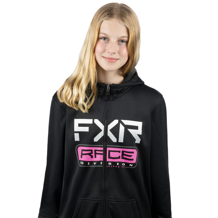 FXR Race Division Tech Youth Hoodie in Black/Electric Pink