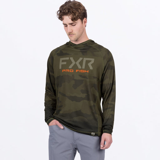 FXR DERBY CAMO AIR UPF PULLOVER HOODIE 2025 in Army Camo/Orange