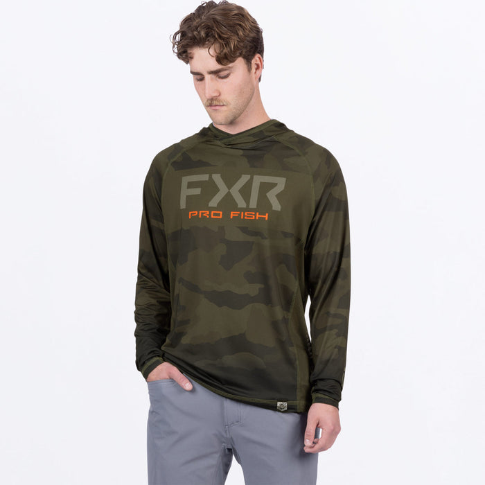 FXR DERBY CAMO AIR UPF PULLOVER HOODIE 2025 in Army Camo/Orange