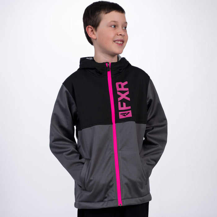 FXR Helium Softshell Youth Jacket in Grey Heather/Electric Pink - Front