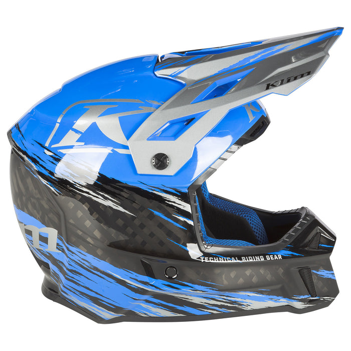 KLIM F3 Carbon Pro Thrashed Helmet - ECE in Electric Blue Lemonade - Metallic Silver