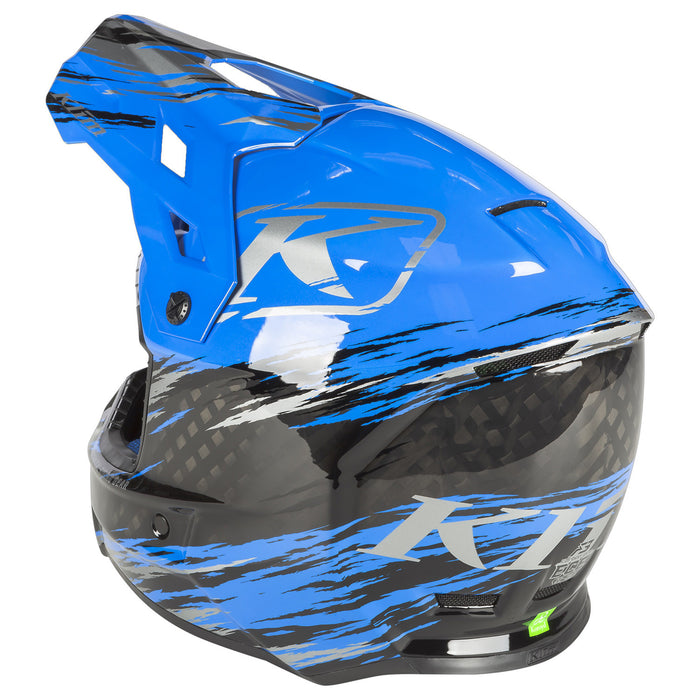 KLIM F3 Carbon Pro Thrashed Helmet - ECE in Electric Blue Lemonade - Metallic Silver
