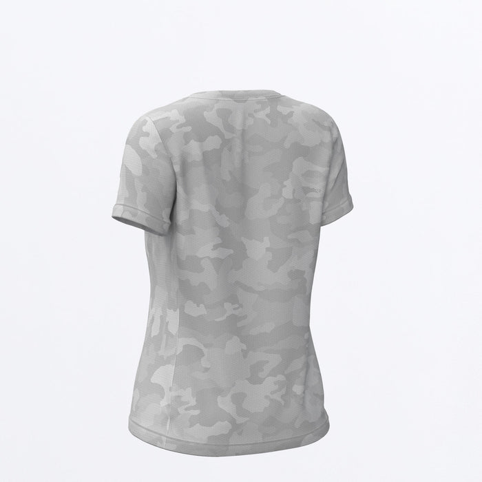 FXR Breezy UPF V-neck Women's T-shirt in Grey Camo/Razz
