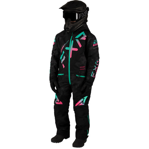 FXR CX Youth Monosuit in Black Camo/Mint-E Pink Fade