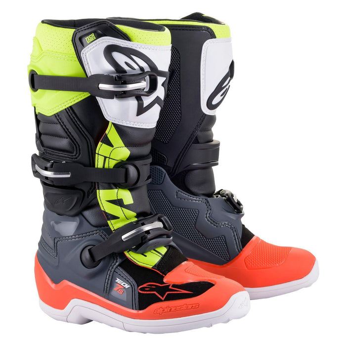 Alpinestars Youth Tech 7S Motocross Boots in Gray/Fluo Red/Fluo Yellow