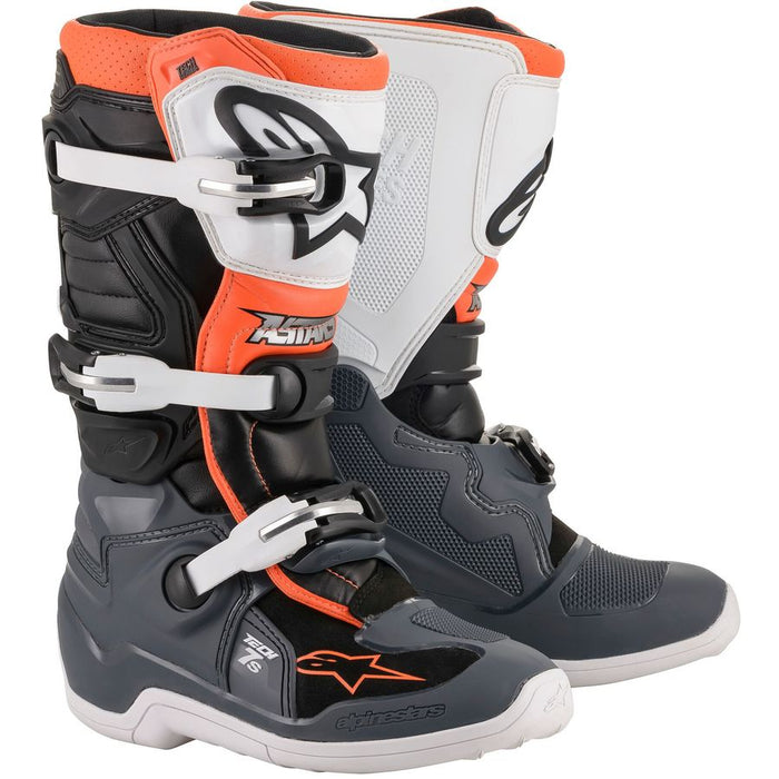 Alpinestars Youth Tech 7S Motocross Boots in Black/Gray/White/Fluo Orange