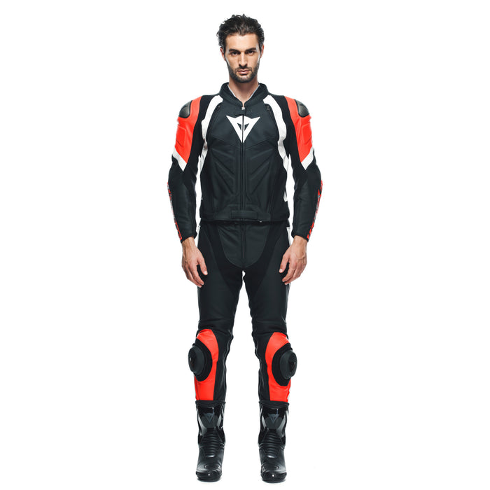 Dainese Avro 4 Leather Two Piece Suit in Matte Black/Fluo Red/White