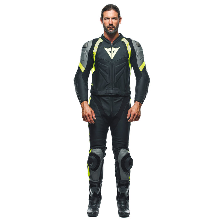 Dainese Avro 4 Leather Two Piece Suit in Matte Black/Charcoal/Fluo Yellow