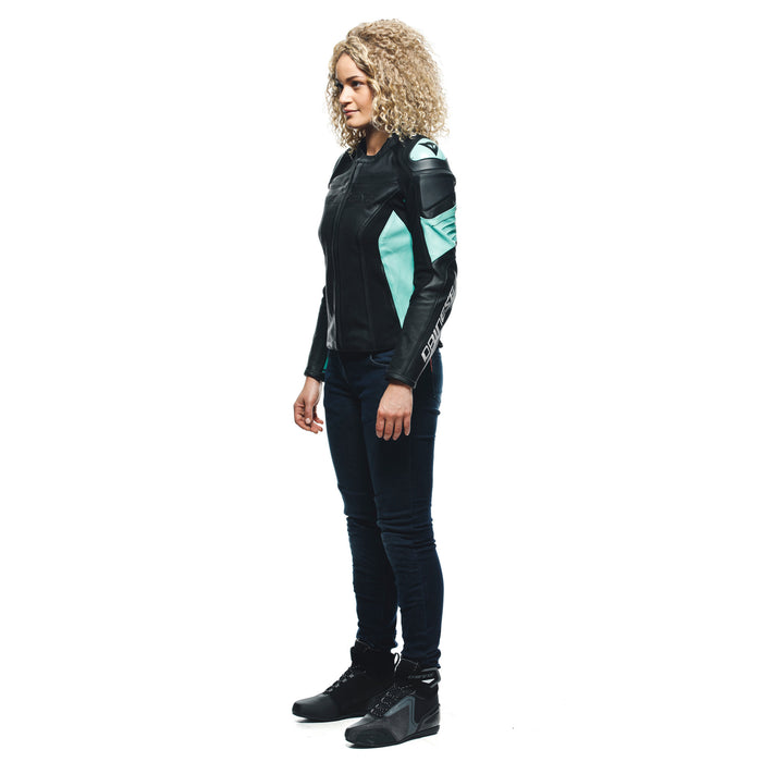 Dainese Racing 4 Lady Perforated Leather Jacket in Black/Aqua Green