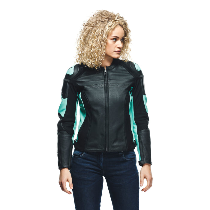 Dainese Racing 4 Lady Perforated Leather Jacket in Black/Aqua Green