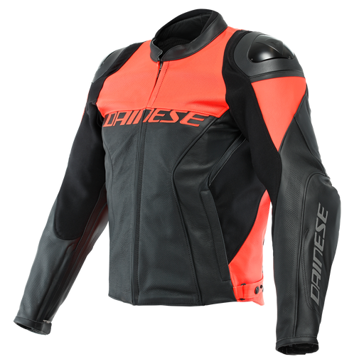 Dainese Racing 4 Leather Perforated Jacket in Black/Fluo Red