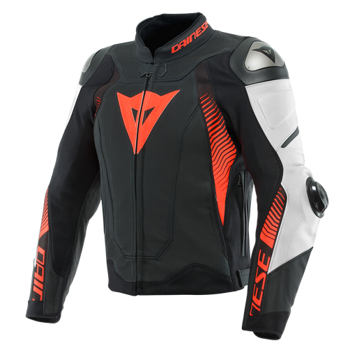 Dainese Super Speed 4 Leather Perforated Jacket inMatte Black/White/Fluo Red