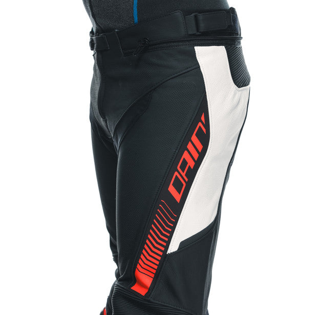 Dainese Super Speed Perforated Leather Pants in Black/White/Red-Fluo